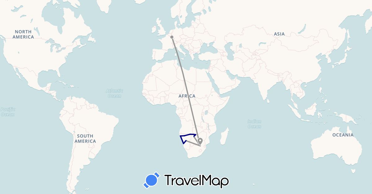 TravelMap itinerary: driving, plane in Botswana, Luxembourg, Namibia, Netherlands, South Africa (Africa, Europe)